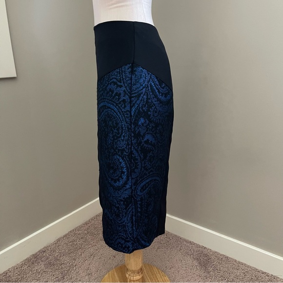 TED BAKER Carron Jaquard Panel Pencil Skirt Blue Black Wool Blend - Picture 3 of 11